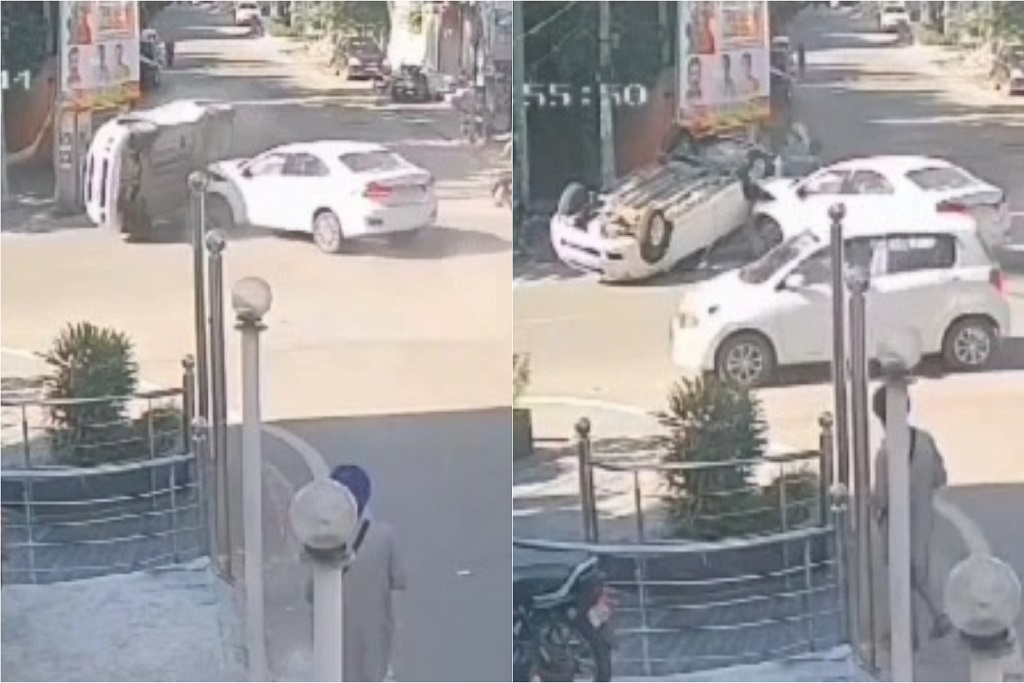 तेज रफ्तार कार ने दूसरी गाड़ी को मारी टक्कर,पलटियां खाते गिरी