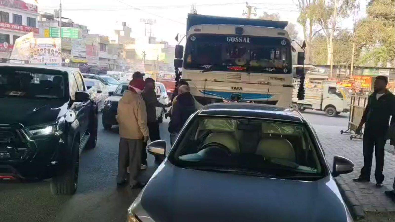 alandhar accident, Rama Mandi Chowk crash, School bus accident Jalandhar, Ivy World School bus, Tipper truck collision, Jalandhar traffic police, Car accident Jalandhar