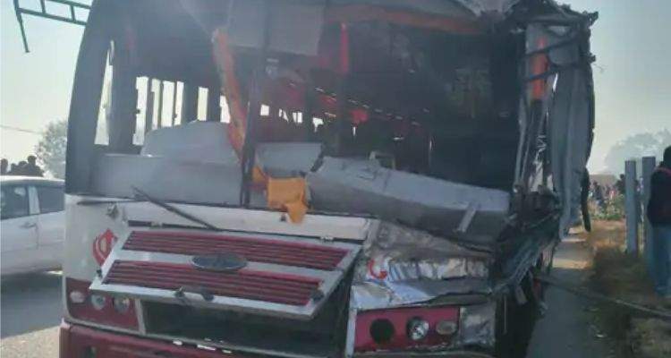 A truck coming from the wrong side hits a Punjab Roadways bus