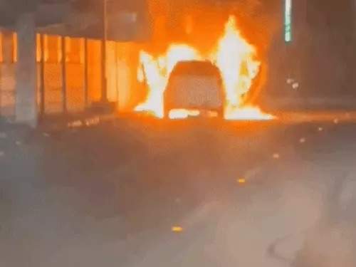 A car caught fire in Grover Market while it was moving; the driver jumped out after seeing smoke.
